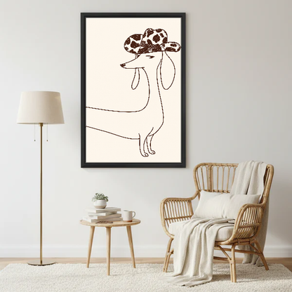 Cowboy Hat Dachshund Canvas Wall Art framed beside a wicker armchair and brass floor lamp.