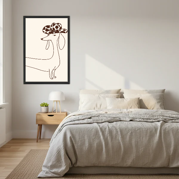Cowboy Hat Dachshund Canvas Wall Art framed above cream bedding and pale wood nightstands.