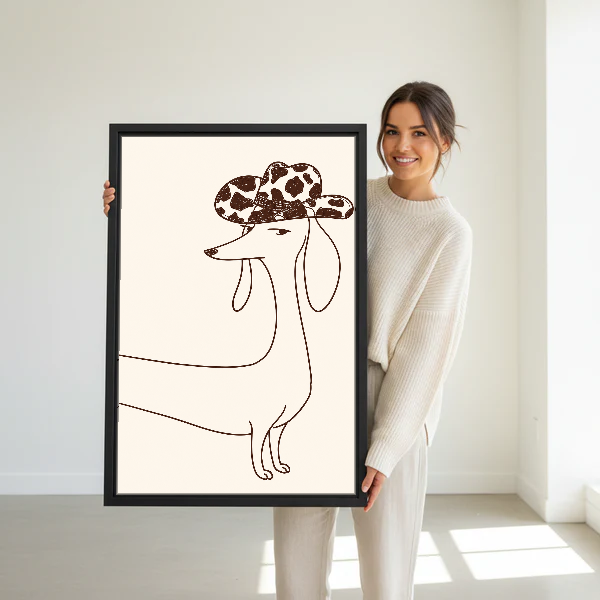 Cowboy Hat Dachshund Canvas Wall Art held in a black frame by a woman in cream.