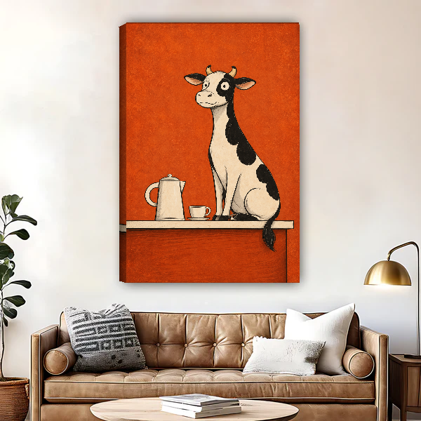 Coffee Counter Cow Canvas Wall Art unframed above a brown leather sofa and brass lamp.