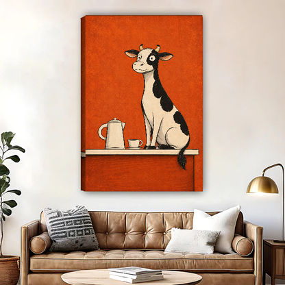 Coffee Counter Cow Canvas Wall Art unframed above a brown leather sofa and brass lamp.