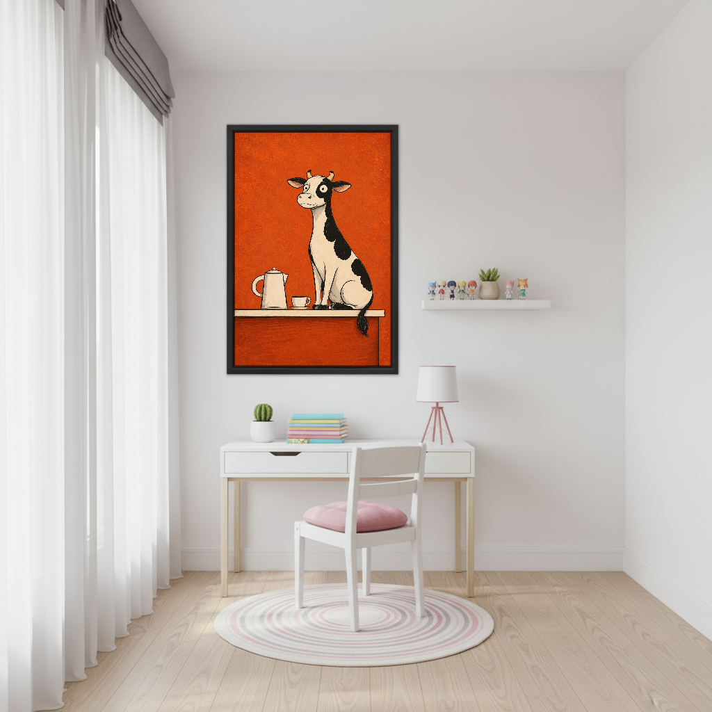 Coffee Counter Cow Canvas Wall Art framed above a white desk beside a pale pink chair.