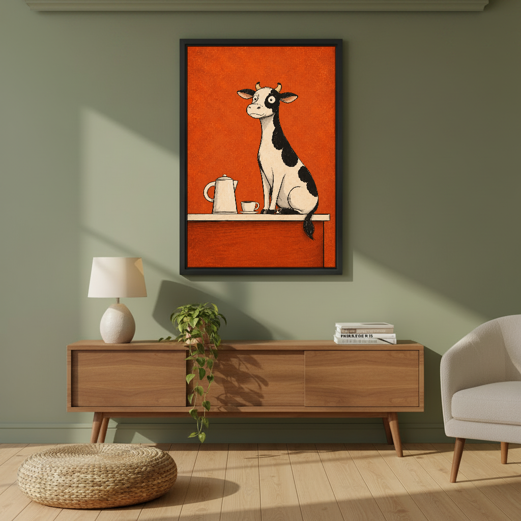 Coffee Counter Cow Canvas Wall Art framed above a wood console against an olive wall.