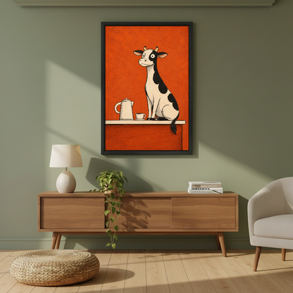 Coffee Counter Cow Canvas Wall Art framed above a wood console against an olive wall.