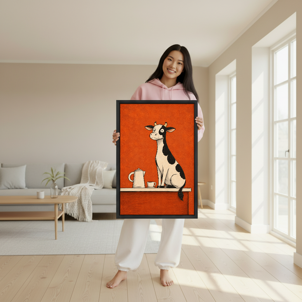 Coffee Counter Cow Canvas Wall Art held in a black frame by a woman in pink.