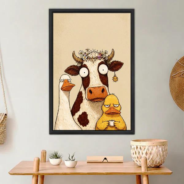 Curious Farm Friends Canvas Wall Art framed above a light wood console with cacti.