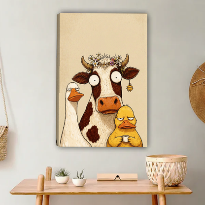 Curious Farm Friends Canvas Wall Art unframed above a light wood console and woven basket.