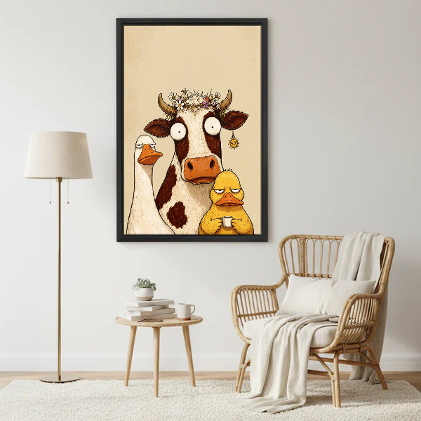 Curious Farm Friends Canvas Wall Art framed beside a wicker armchair and brass floor lamp.