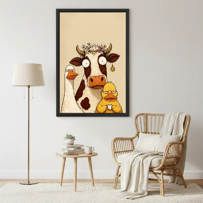 Curious Farm Friends Canvas Wall Art framed beside a wicker armchair and brass floor lamp.