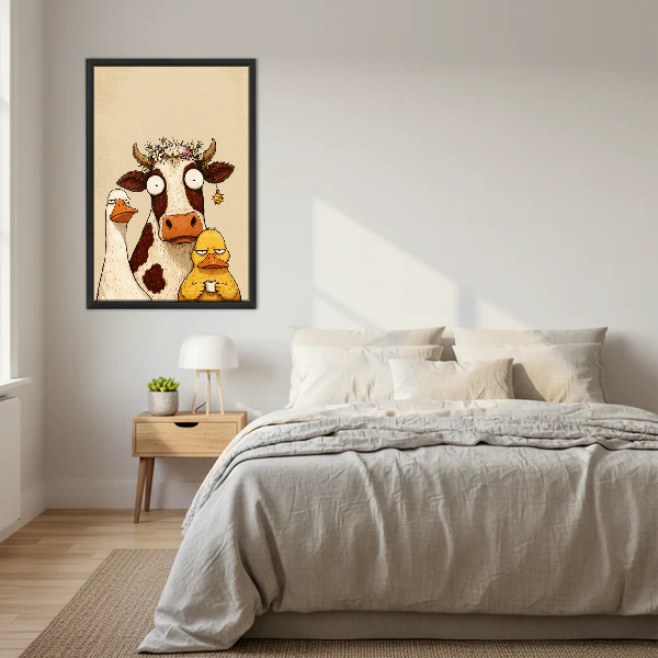 Curious Farm Friends Canvas Wall Art framed above cream bedding and pale wood nightstands.