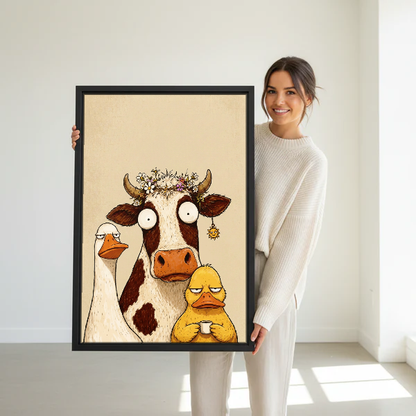 Curious Farm Friends Canvas Wall Art held in a black frame by a woman in cream.