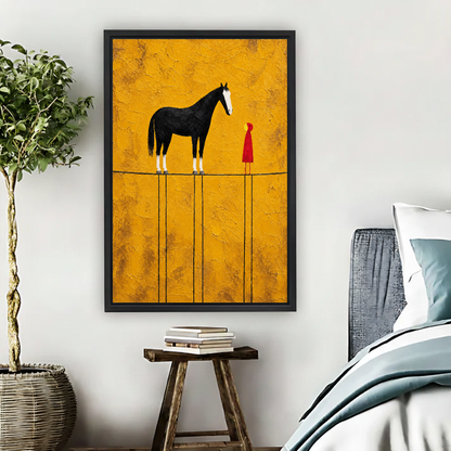 Horse And Little Companion Canvas Wall Art framed above pale blue bedding beside books and plants.