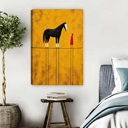 Horse And Little Companion Canvas Wall Art unframed above pale blue bedding beside a potted tree.