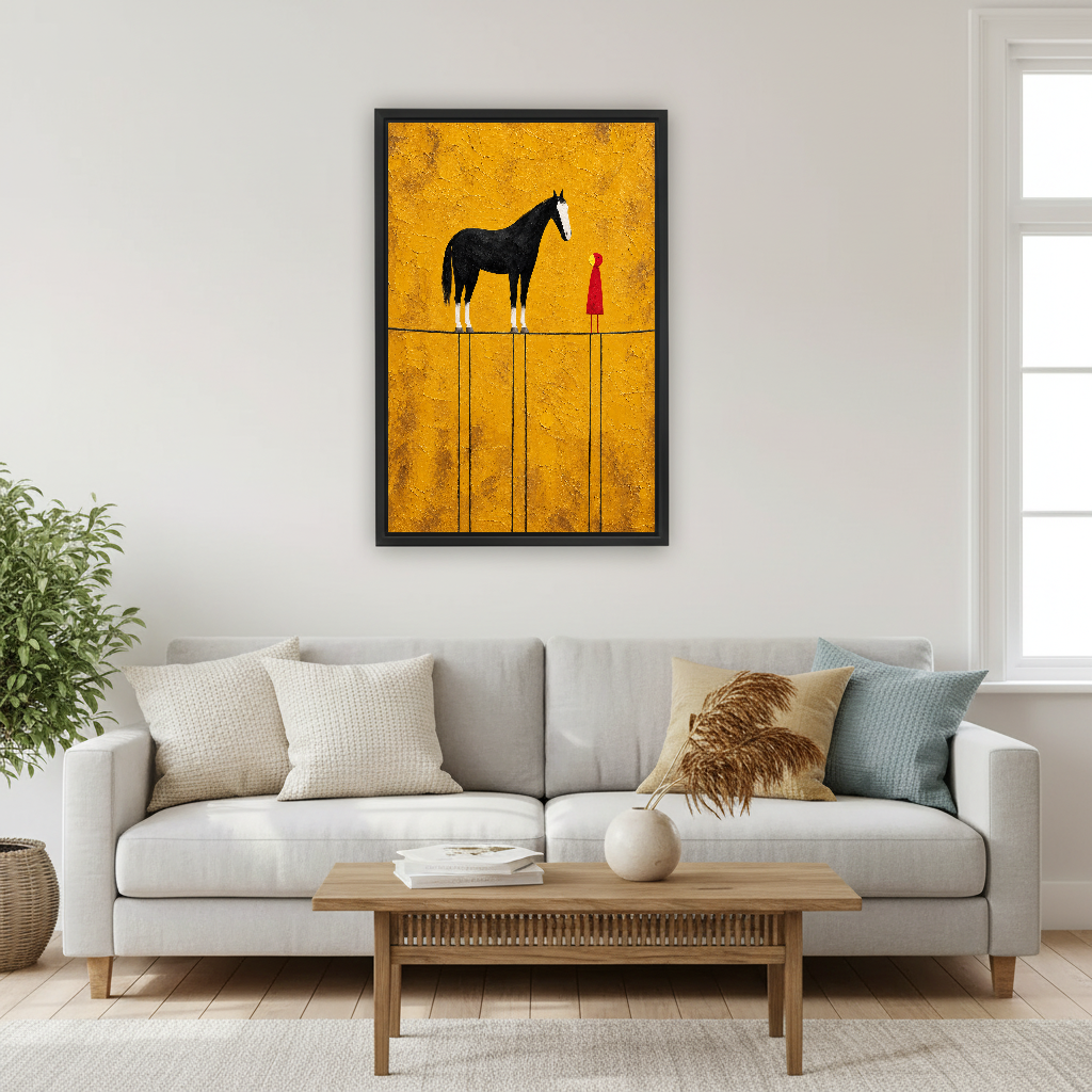 Horse And Little Companion Canvas Wall Art framed above a cream sofa with blue cushions.