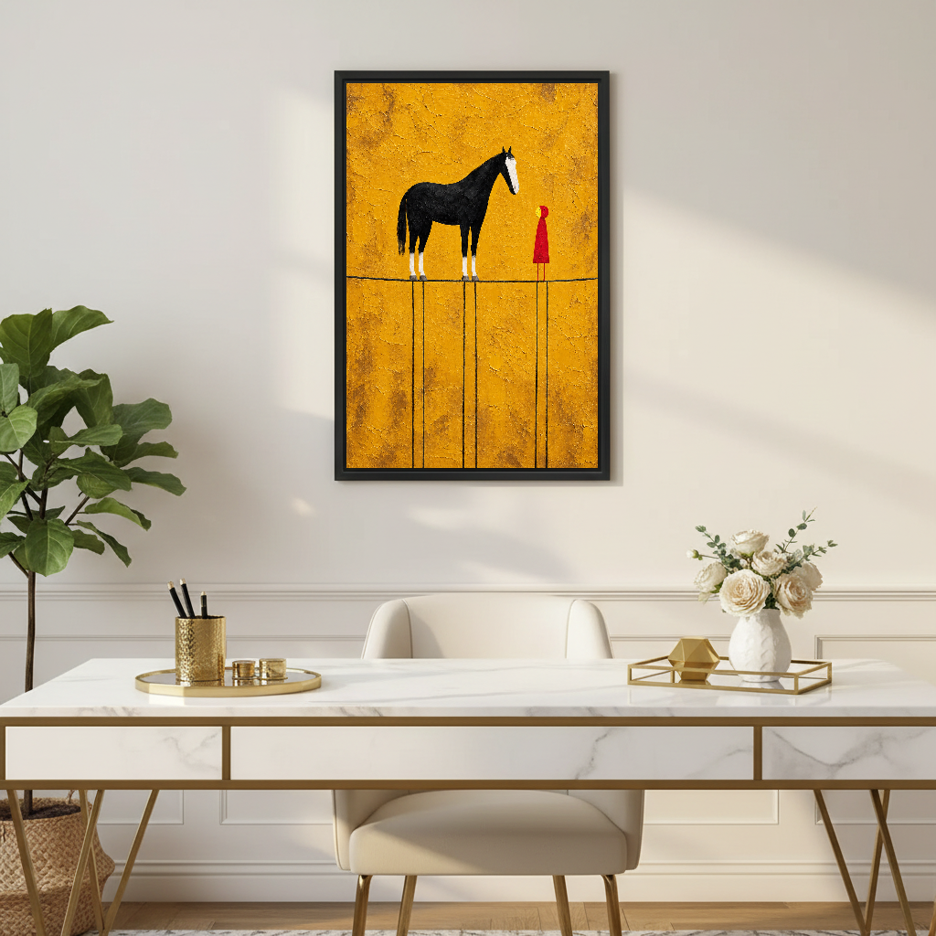 Horse And Little Companion Canvas Wall Art framed above a white desk with gold legs and plants.