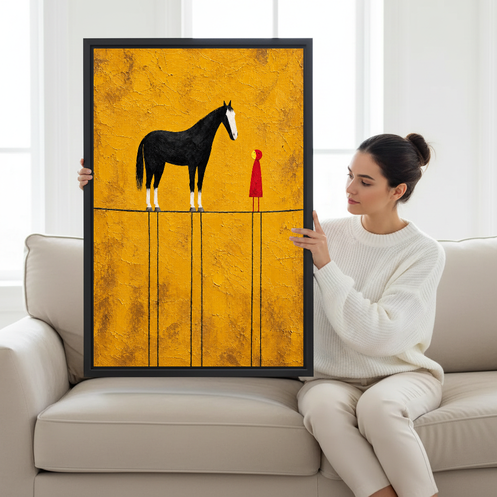 Horse And Little Companion Canvas Wall Art held by a seated woman beside a cream sofa.