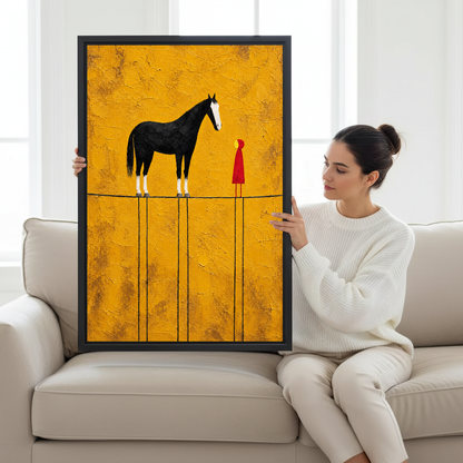 Horse And Little Companion Canvas Wall Art held by a seated woman beside a cream sofa.