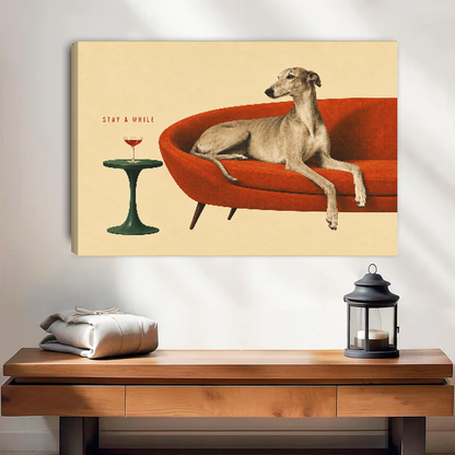 Greyhound Stay A While Canvas Wall Art unframed above a wood console with lantern and folded linen.