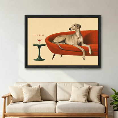 Greyhound Stay A While Canvas Wall Art framed above a cream sofa with wooden arms.