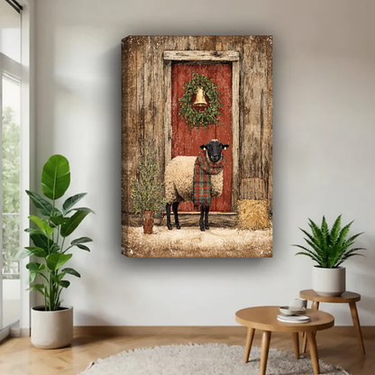 Christmas Barn Scarf Sheep Canvas Wall Art unframed above a pale wood table beside green plants.