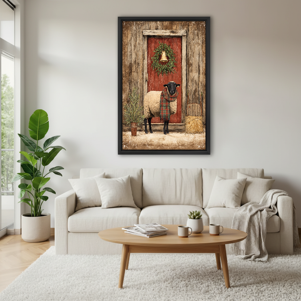 Christmas Barn Scarf Sheep Canvas Wall Art framed above a cream sofa and round wood table.