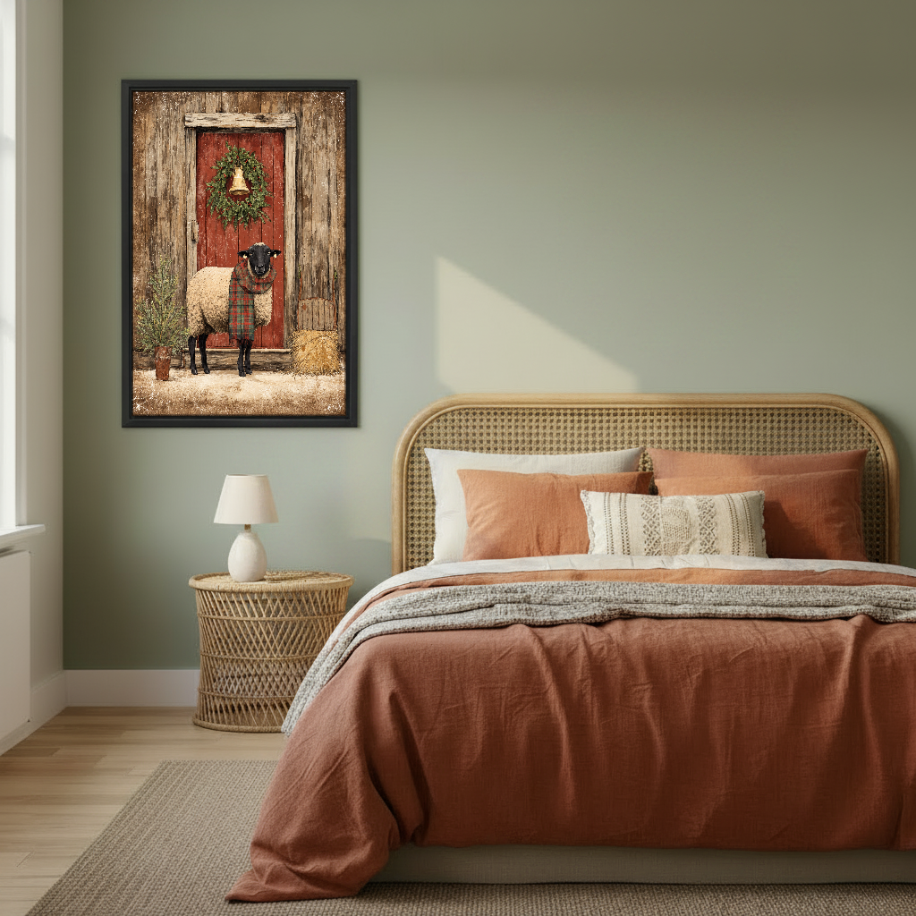 Christmas Barn Scarf Sheep Canvas Wall Art framed above rust bedding against a muted olive wall.