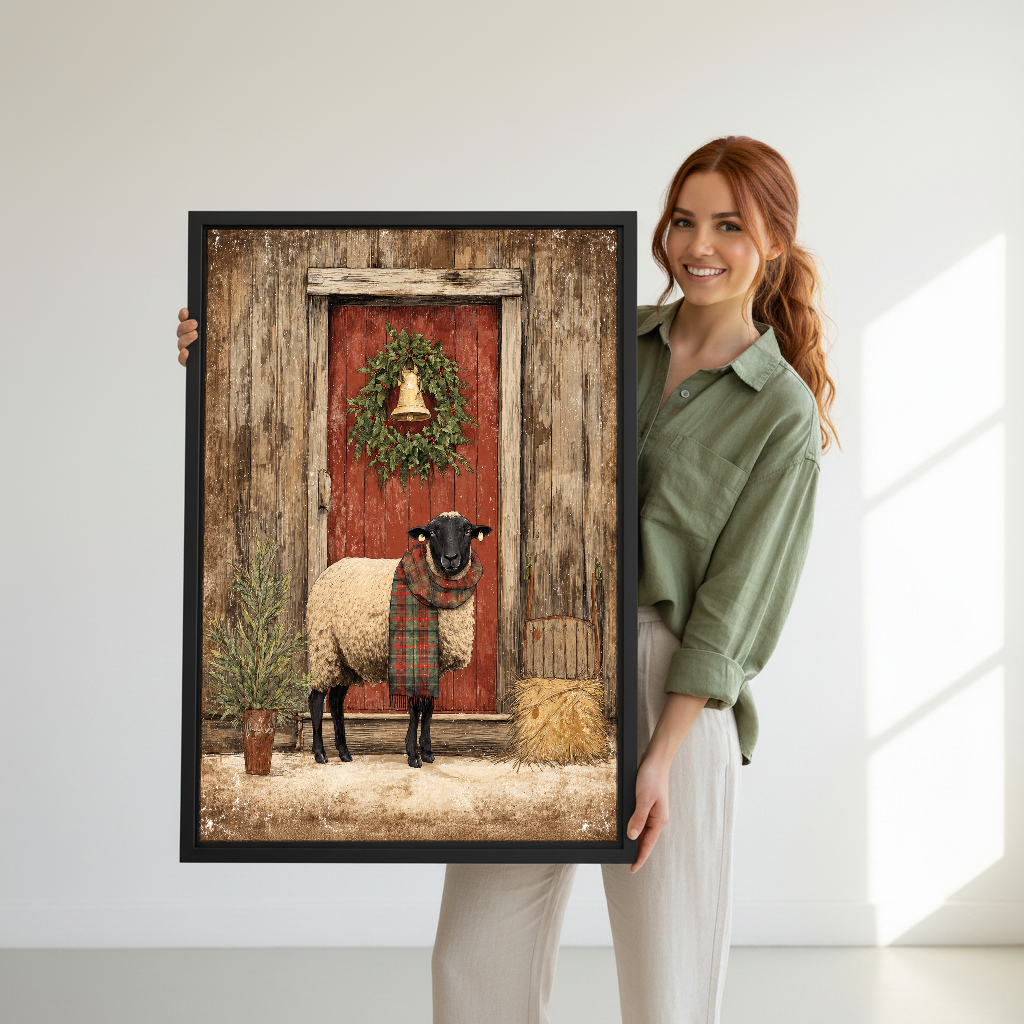Christmas Barn Scarf Sheep Canvas Wall Art held in a black frame by a woman in green.