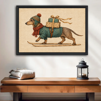 Skiing Dachshund Gift Delivery Canvas Wall Art framed above a wood console with lantern and folded linen.