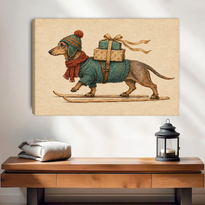 Skiing Dachshund Gift Delivery Canvas Wall Art unframed above a wood console with lantern and folded linen.