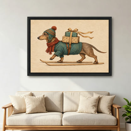 Skiing Dachshund Gift Delivery Canvas Wall Art framed above a cream sofa with wooden arms.