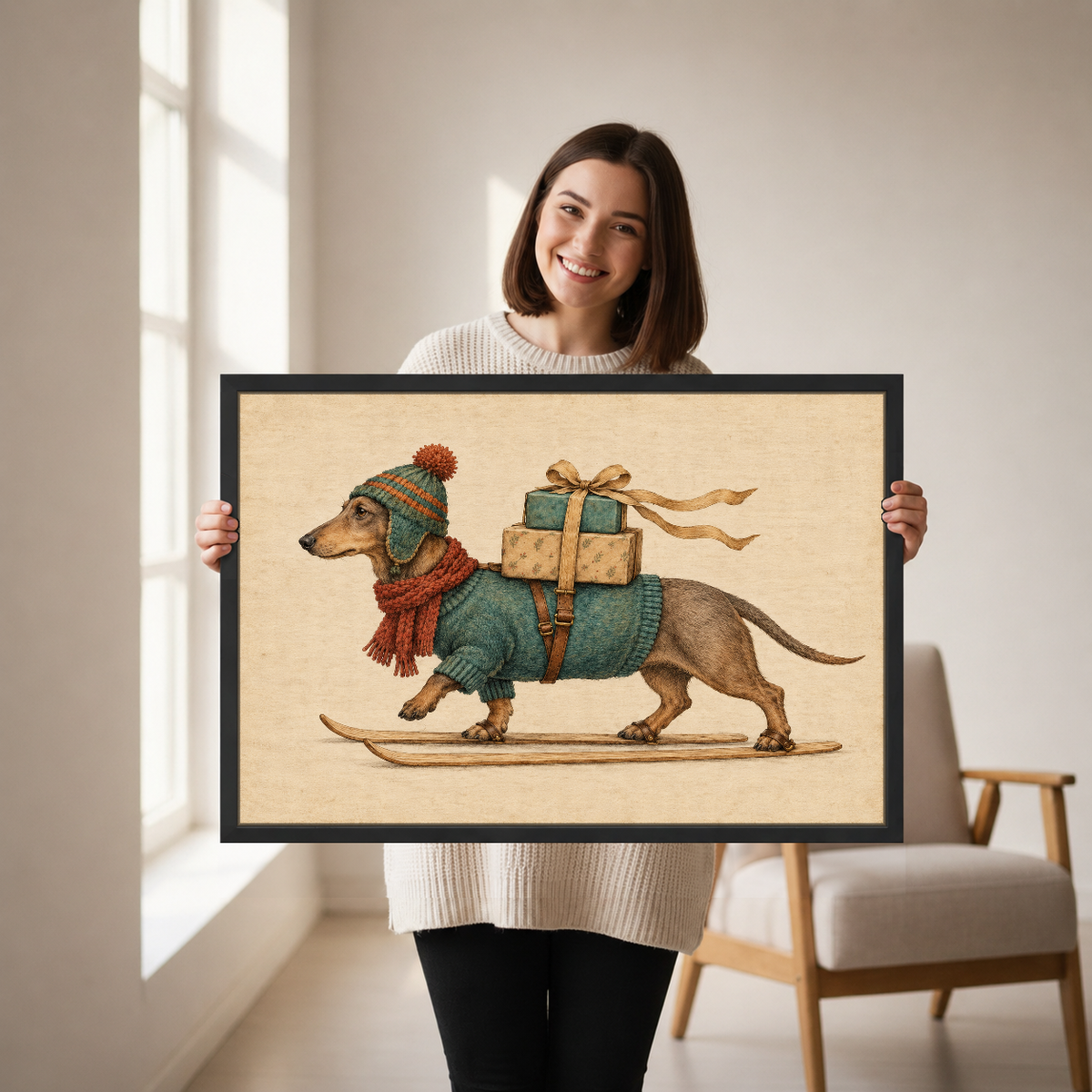 Skiing Dachshund Gift Delivery Canvas Wall Art held by a woman in a bright neutral room.