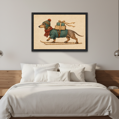 Skiing Dachshund Gift Delivery Canvas Wall Art framed above white bedding and wooden bedside tables.