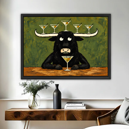 Longhorn Martini Balancing Act Canvas Wall Art framed above a figured wooden console with a black vase.