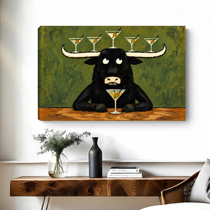 Longhorn Martini Balancing Act Canvas Wall Art unframed above a figured wooden console with a black vase.