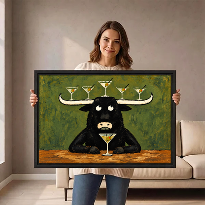 Longhorn Martini Balancing Act Canvas Wall Art held by a woman in a bright neutral room.
