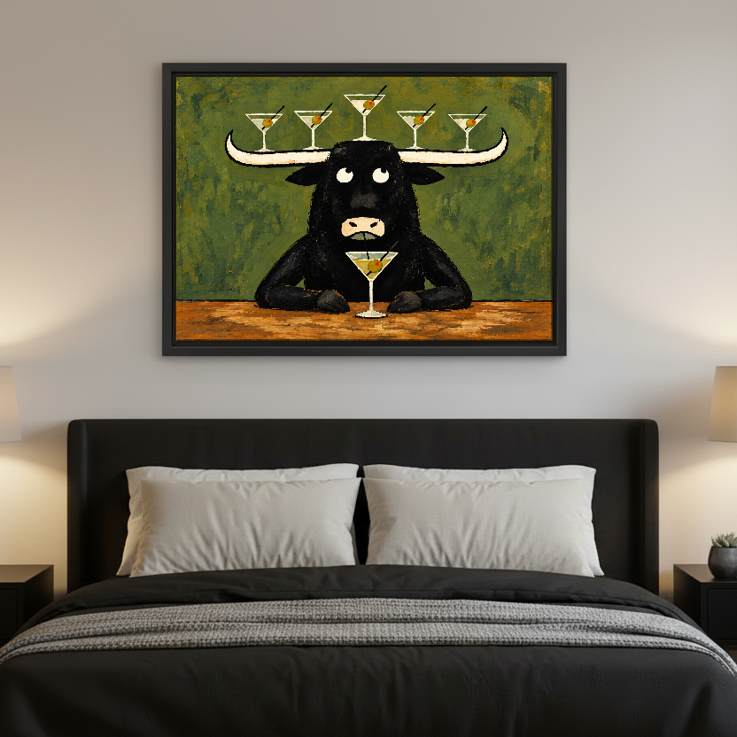 Longhorn Martini Balancing Act Canvas Wall Art framed above charcoal bedding in a modern bedroom.