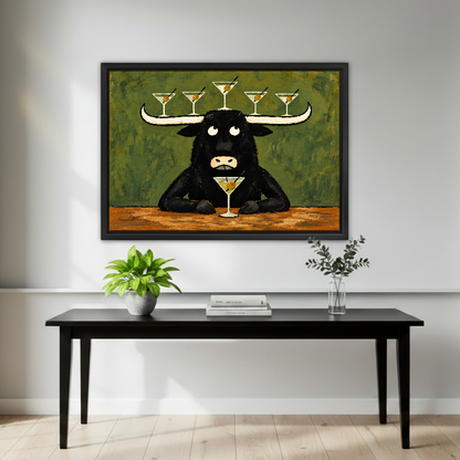 Longhorn Martini Balancing Act Canvas Wall Art framed above a black console surrounded by green plants.