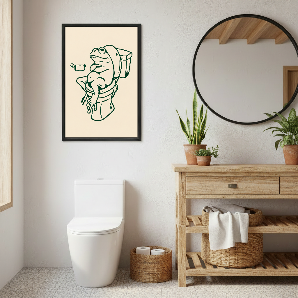Relaxed Frog Bathroom Break Canvas Wall Art framed above a toilet beside wood vanity and round mirror.