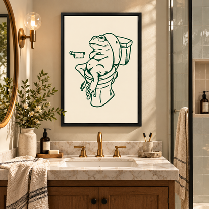 Relaxed Frog Bathroom Break Canvas Wall Art framed above a warm bathroom vanity between wall lights.