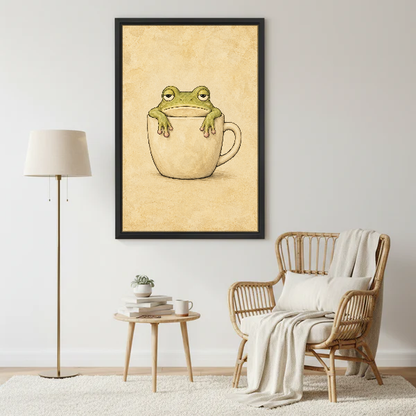Sleepy Frog Cup Companion Canvas Wall Art framed beside a wicker armchair and brass floor lamp.