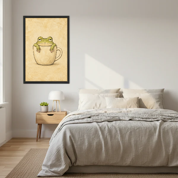 Sleepy Frog Cup Companion Canvas Wall Art framed above cream bedding and pale wood nightstands.
