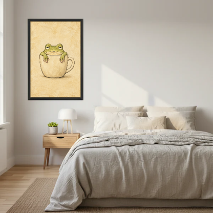 Sleepy Frog Cup Companion Canvas Wall Art framed above cream bedding and pale wood nightstands.