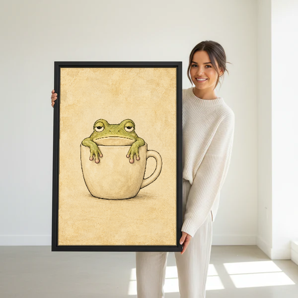 Sleepy Frog Cup Companion Canvas Wall Art held in a black frame by a woman in cream.