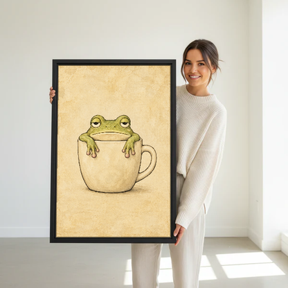 Sleepy Frog Cup Companion Canvas Wall Art held in a black frame by a woman in cream.