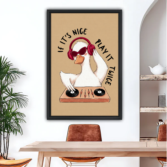Goose DJ Play It Twice Canvas Wall Art framed above a wood desk beneath a bright archway.