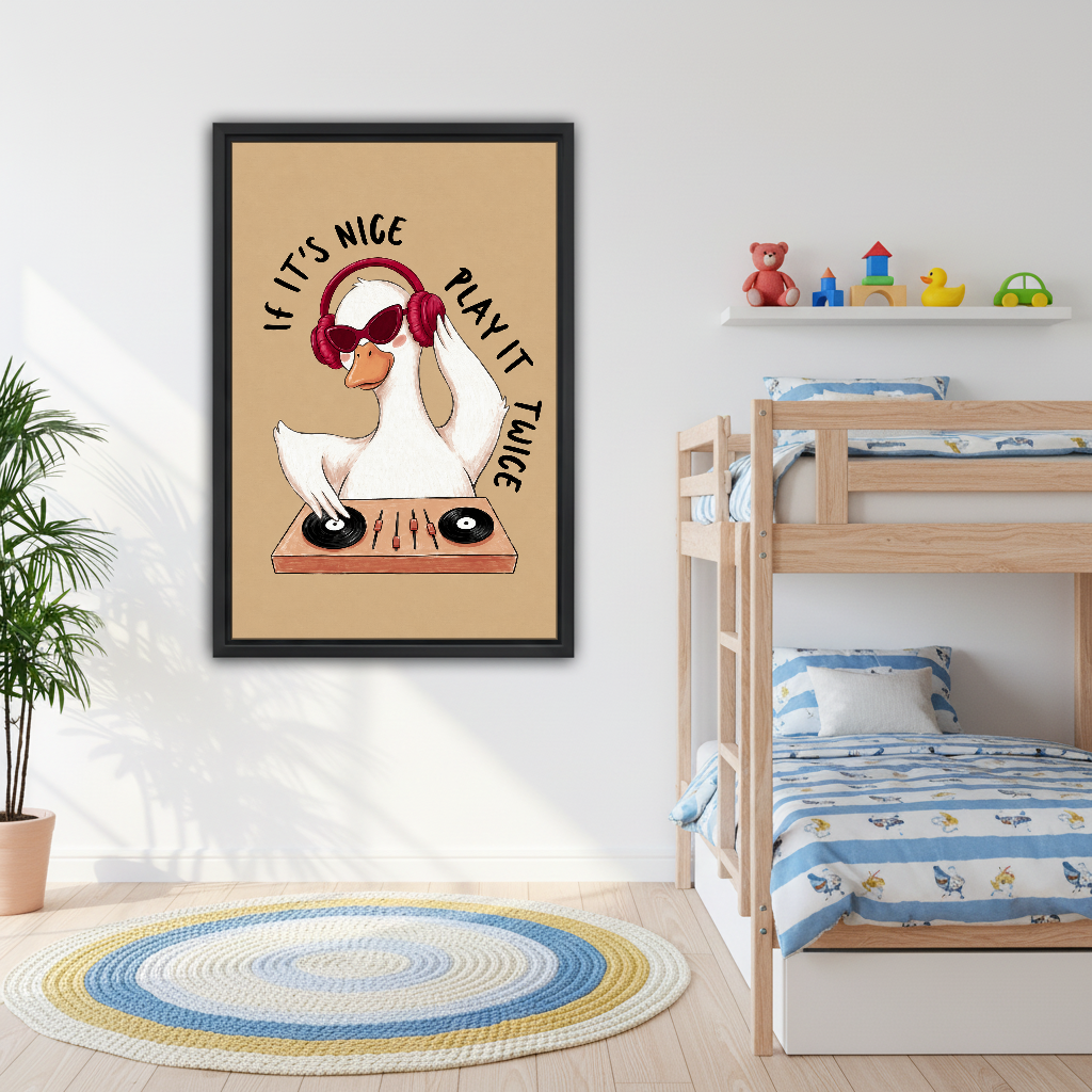 Goose DJ Play It Twice Canvas Wall Art framed above bunk beds with blue nautical bedding.