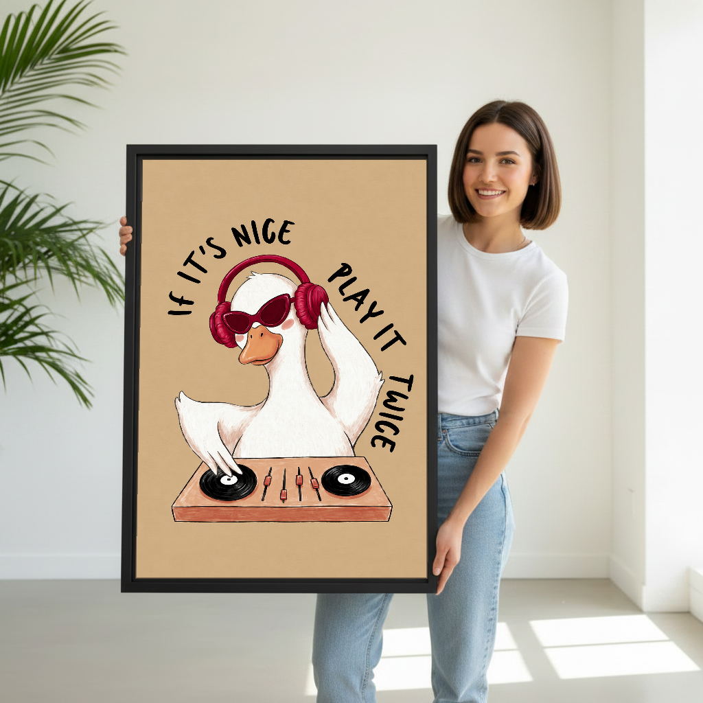 Goose DJ Play It Twice Canvas Wall Art held by a woman in white shirt and jeans.