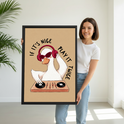 Goose DJ Play It Twice Canvas Wall Art held by a woman in white shirt and jeans.