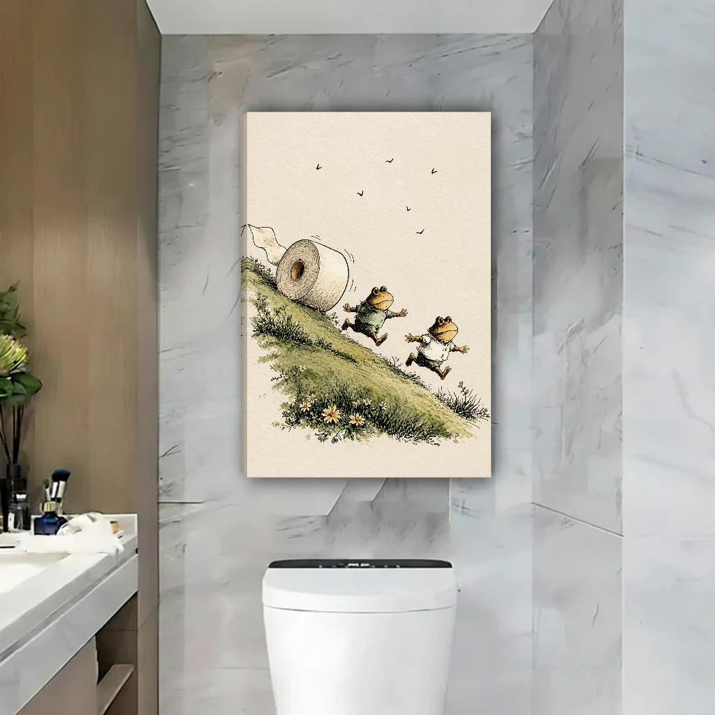Runaway Toilet Roll Frogs Canvas Wall Art unframed above a toilet against gray marble bathroom walls.