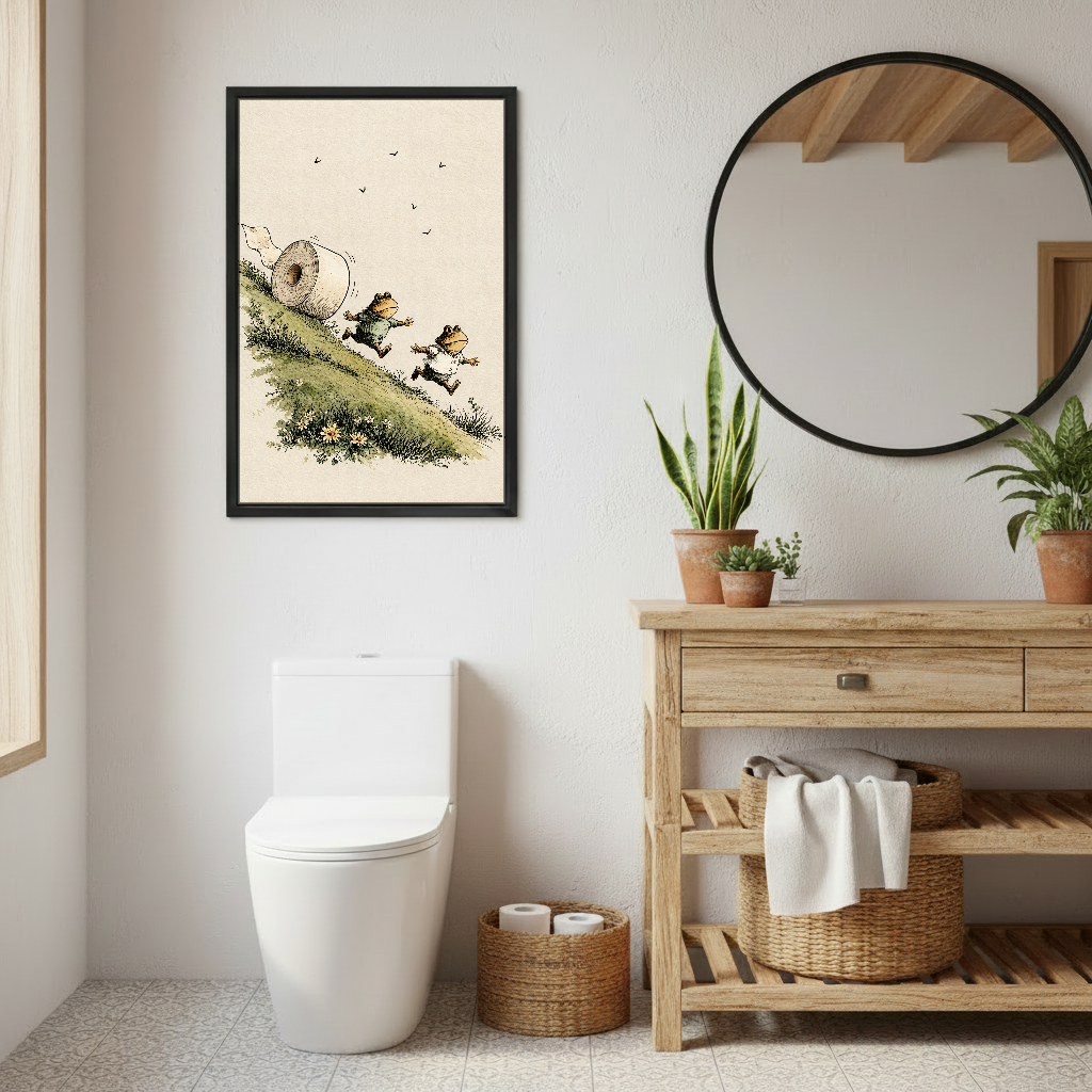 Runaway Toilet Roll Frogs Canvas Wall Art framed above a toilet beside wood vanity and round mirror.
